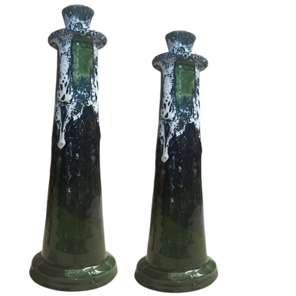 Marokkaanse Kandelaar Zwart/Wit/Groen – Handgemaakt Aardewerk met Druipglazuur (28/32 cm)