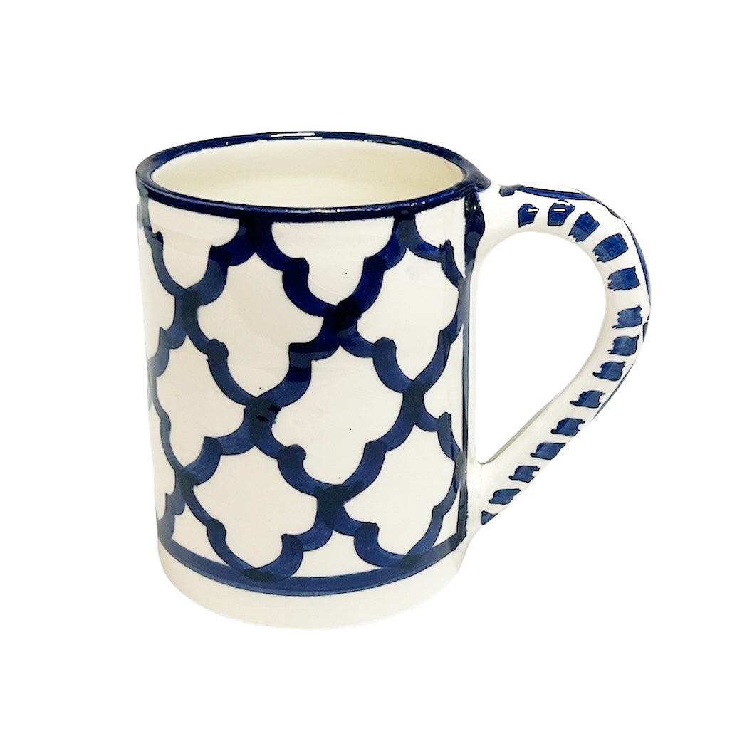 Marokkaanse keramische mok met oor – blauw-wit, handgemaakt in Fes