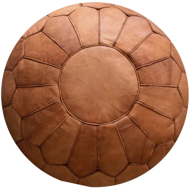 Marokkaanse Leren Poef  Cognac bruin - Rond - Ø60 x 35cm