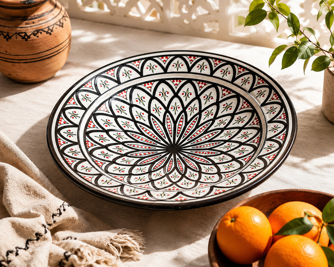 Moroccan Pottery Bowl Ø35 cm – Handmade & Hand-painted Black / Red