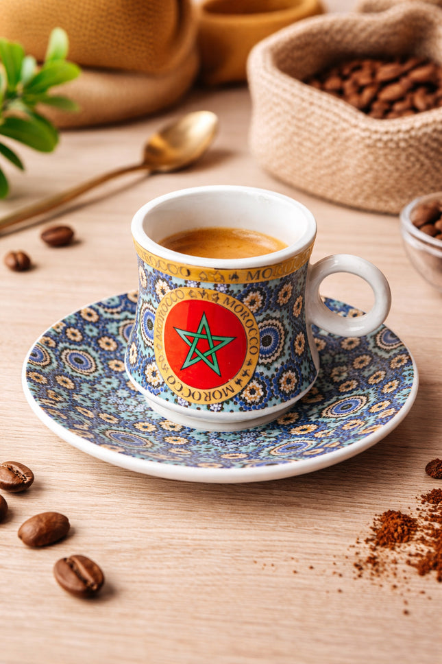 Marokkaanse Espresso Kop & Schotel – Mozaïek Design met Marokkaanse vlag– Keramiek