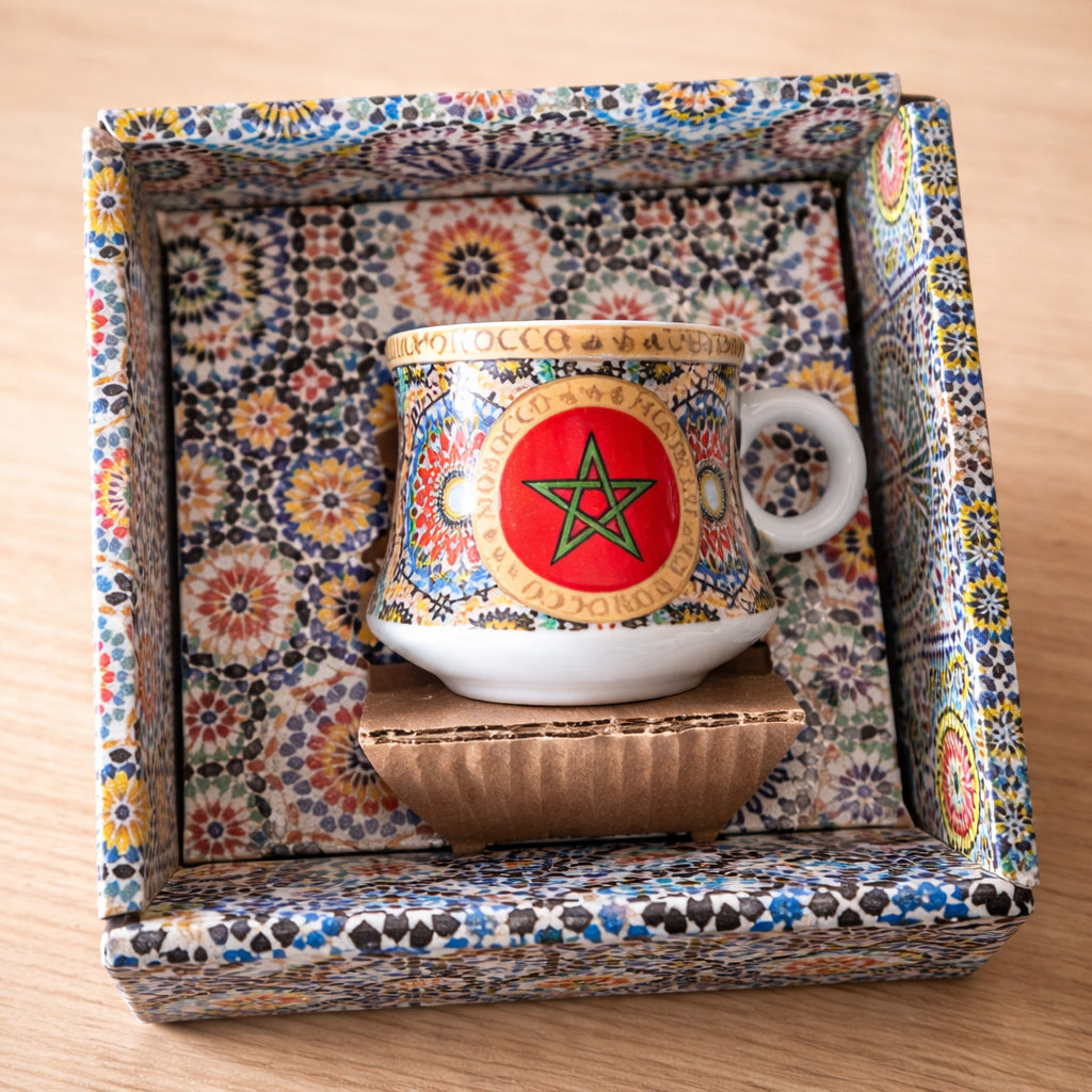 Marokkaanse espressokop met schotel – keramiek met mozaïek en Marokkaanse vlag – foto 3