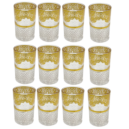 Marokkaanse Theeglazen Goud – Set van 12 stuks | Traditioneel Design met Motief | 160ml