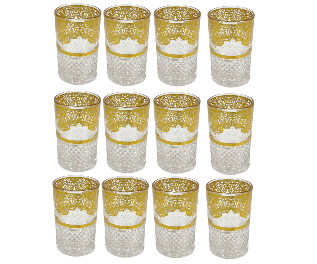 Marokkaanse theeglazen goud – set van 12 met traditioneel motief, 160 ml