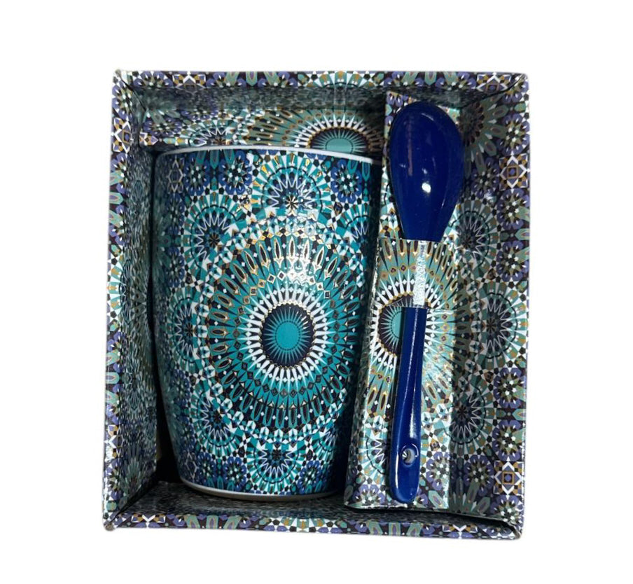 Mug marocain avec mandala zellige et cuillère – Céramique – Bleu/Turquoise – Cuillère bleu foncé