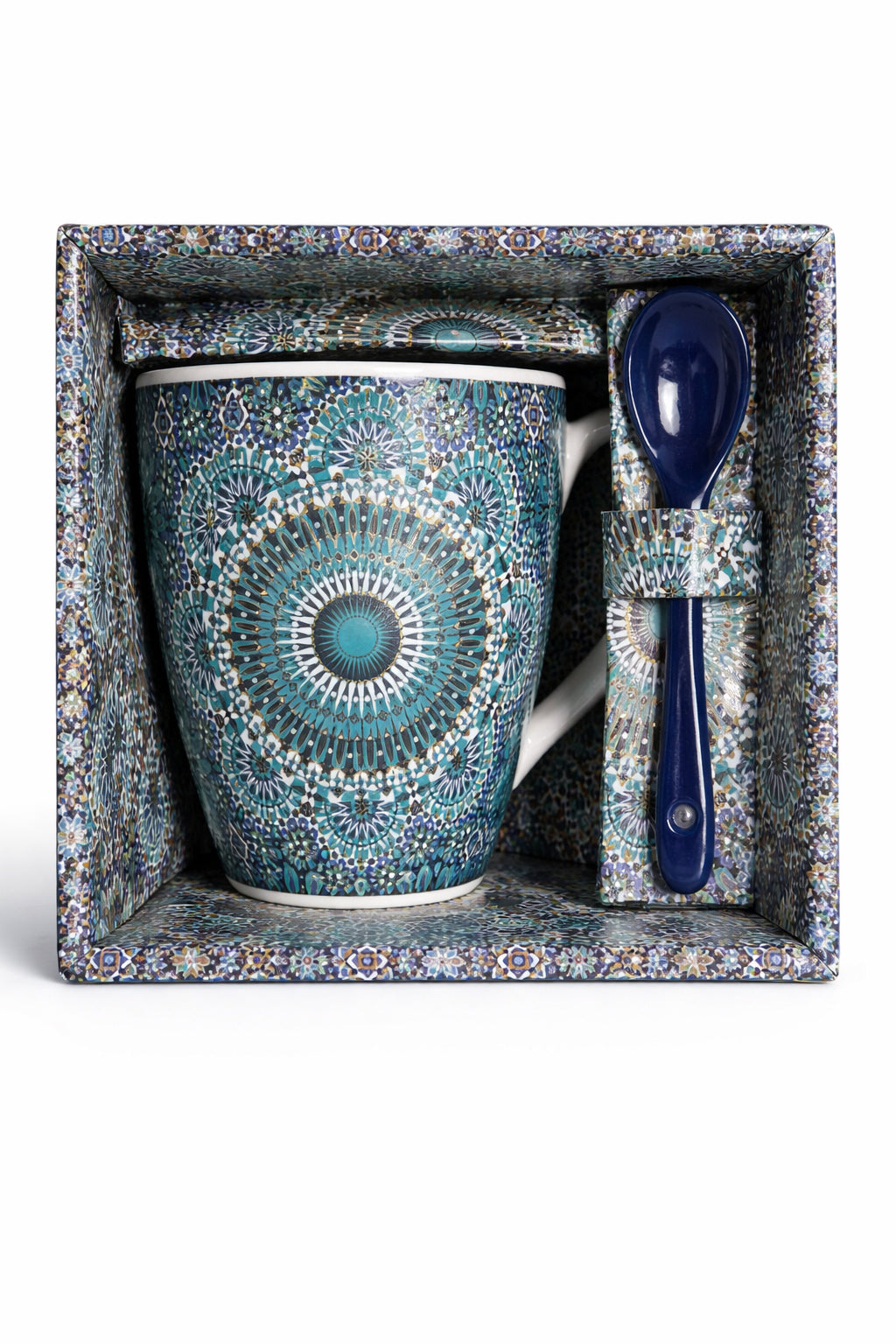 Mug marocain avec mandala zellige et cuillère – Céramique – Bleu/Turquoise – Cuillère bleu foncé
