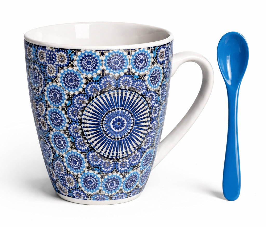 Mug Marocain avec Mosaïque Zellij & Cuillère – Céramique – Bleu – (±350 ml)