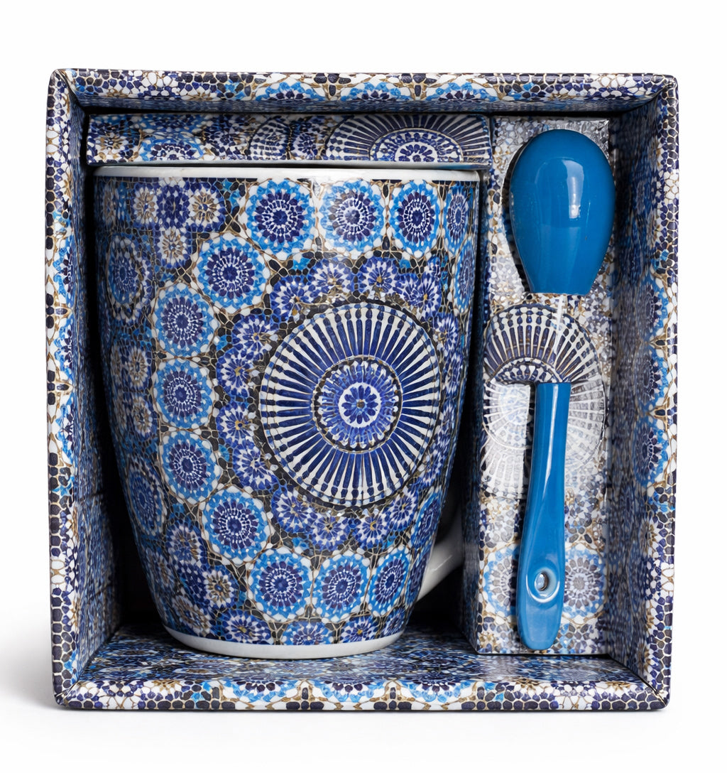 Mug Marocain avec Mosaïque Zellij & Cuillère – Céramique – Bleu – (±350 ml)