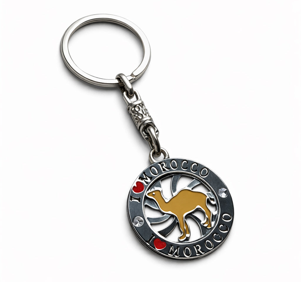 Marokko sleutelhanger met kameel – ronde metalen hanger, souvenir
