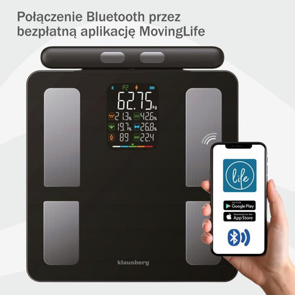 Klausberg Slimme Bluetooth Personenweegschaal met Lichaamsanalyse en Handgreep – Gewicht, BMI, Vetpercentage, Spiermassa, Kleurendisplay