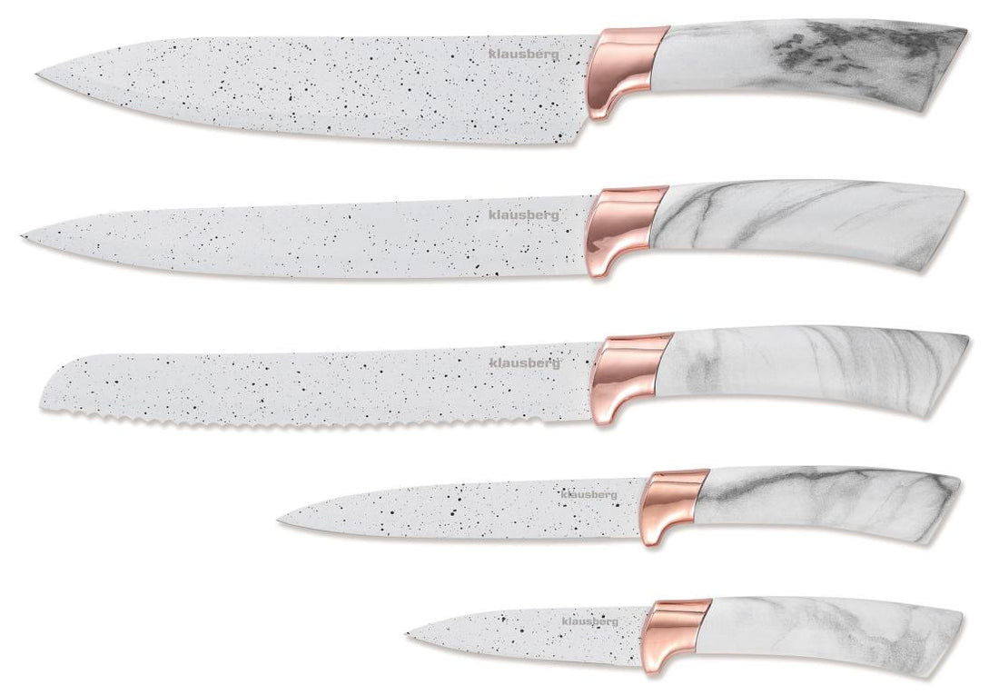Klausberg Knife Set with Block - White and Rose Gold Design, 6-piece