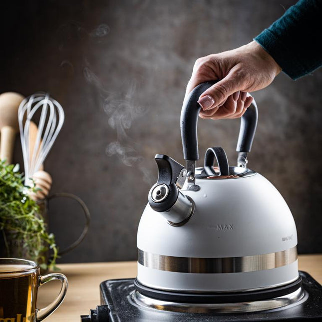 KingHoff RVS Fluitketel 1,8L Wit – Compact, Met Fluitsignaal en Ergonomisch Handvat