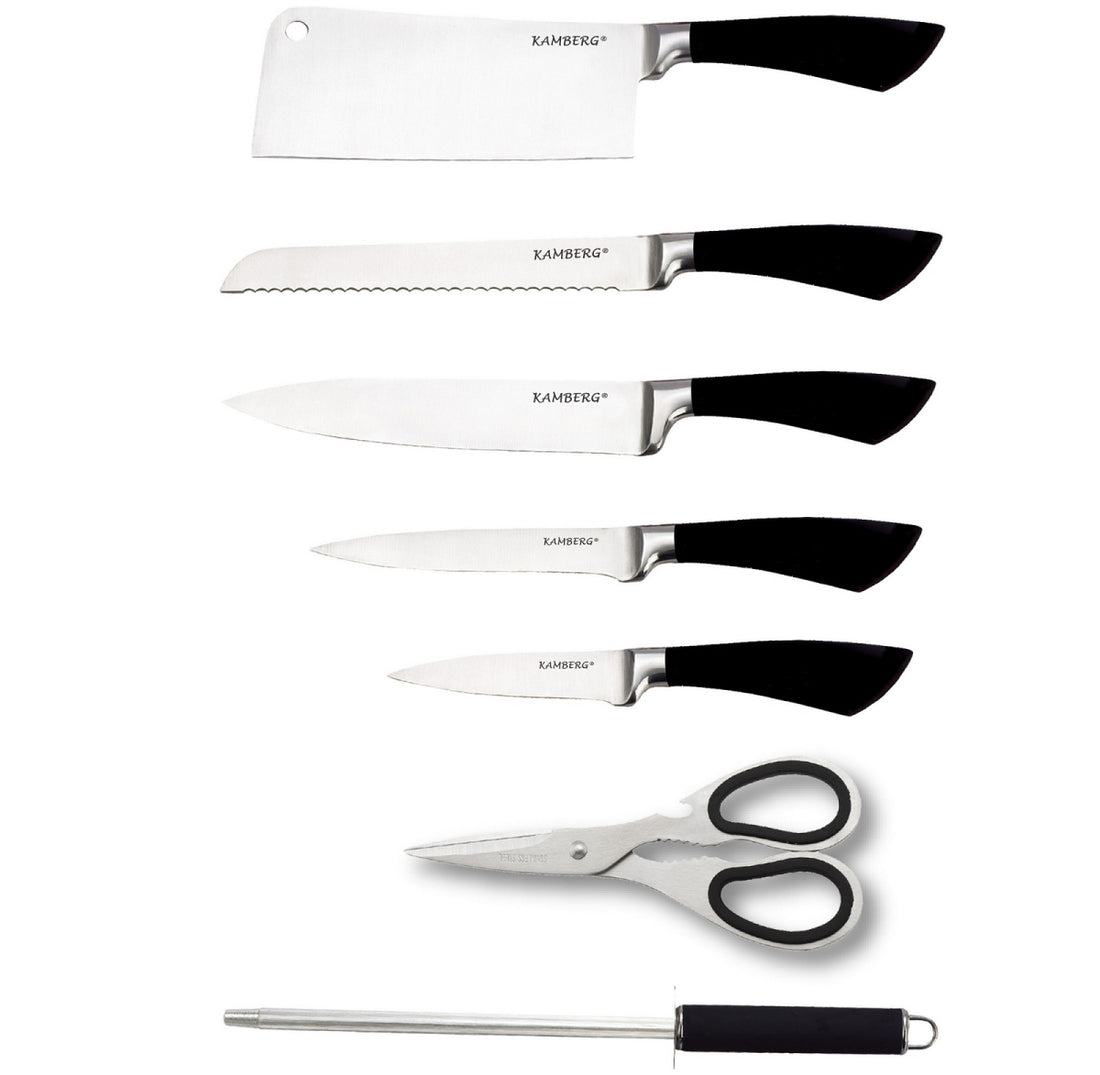 Luxury 8-Piece Knife Set Including Stand - Kitchen Knives - Silver / Stainless Steel - Incl. Knife Sharpener