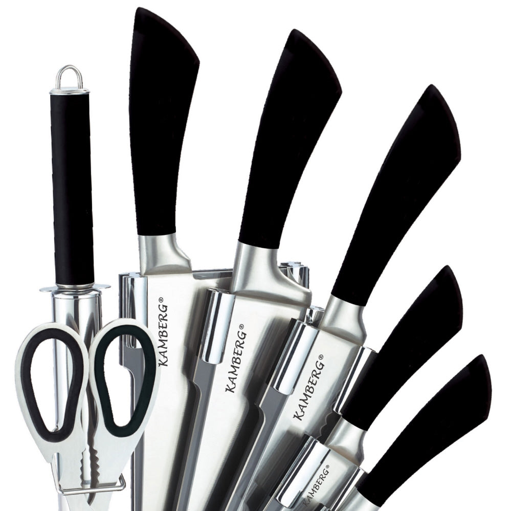 Luxury 8-Piece Knife Set Including Stand - Kitchen Knives - Silver / Stainless Steel - Incl. Knife Sharpener