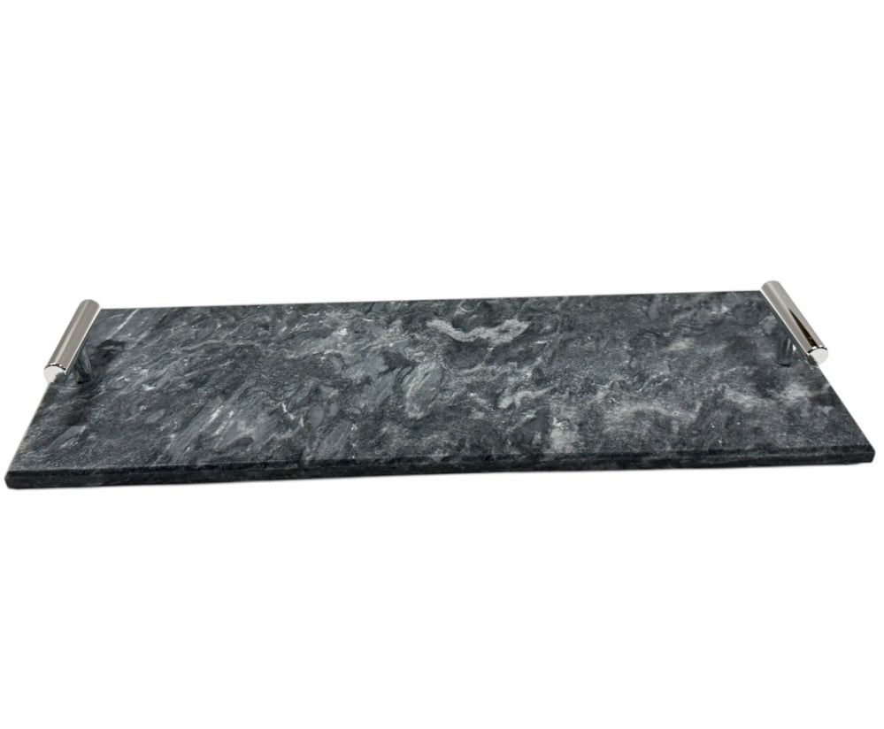 Marble tray with silver handles 40 x 14 cm black