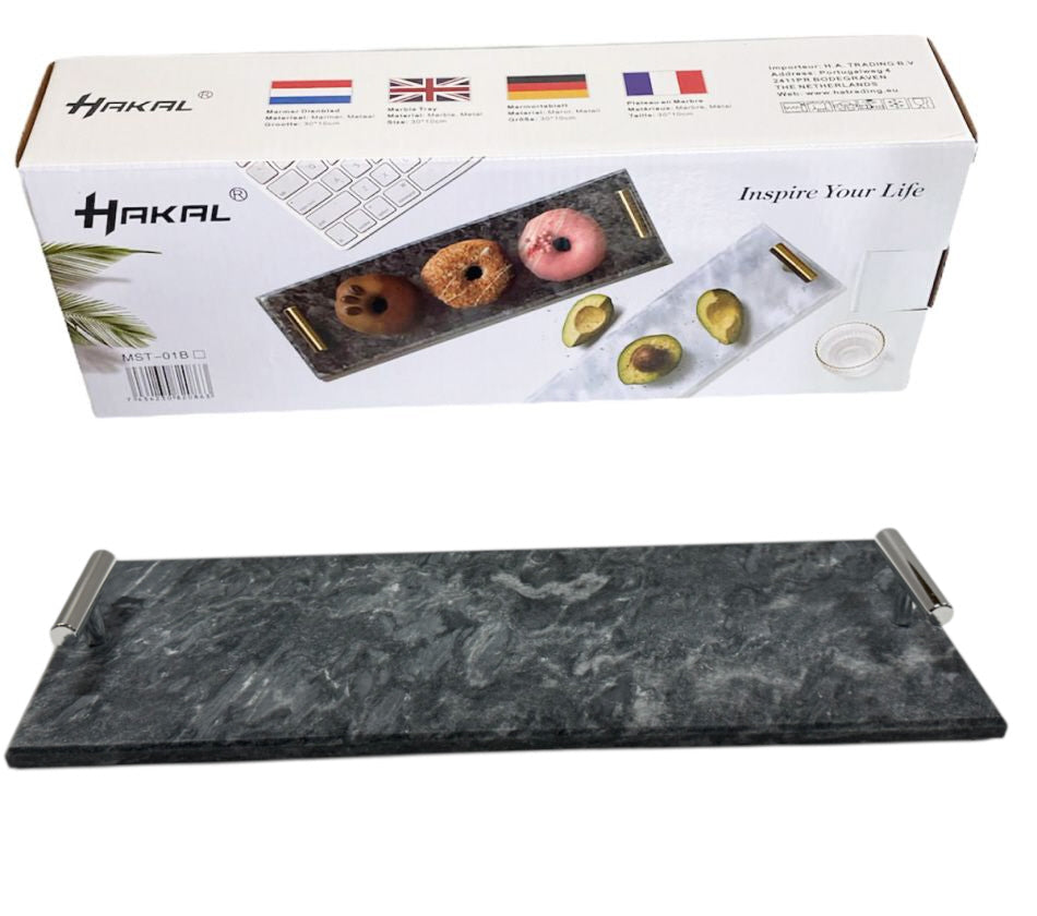 Marble tray with silver handles 40 x 14 cm black