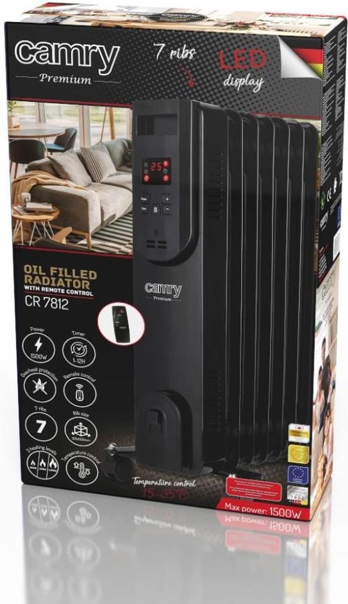 CAMRY CR 7812 - Electric Oil-Filled Radiator on Wheels - With Remote Control and Thermostat - 1500 W black