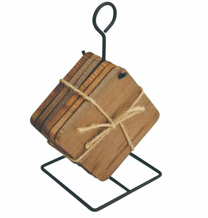 Houten onderzetters 6 stuks met metalen houder – 10,5 x 10,5 cm