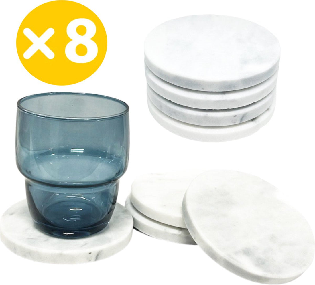 Marmeren onderzetters voor glazen – wit, rond, Ø 10 cm, 8 stuks
