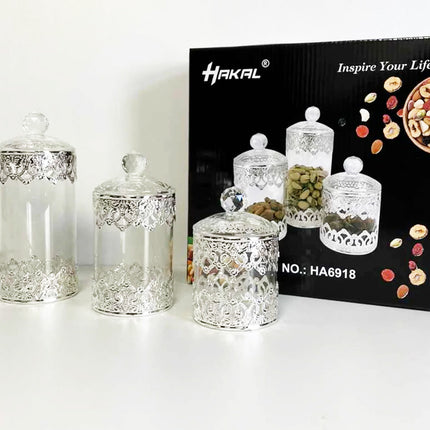 Opbergpotjes,glazen voorraadpotjes, glazen voedselpotjes zilver(3 stuks )