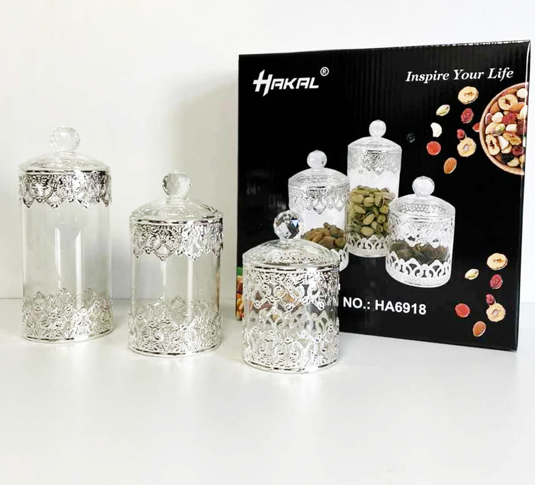 Glazen voorraadpotjes met zilveren decoratie – opbergpotjes, set van 3