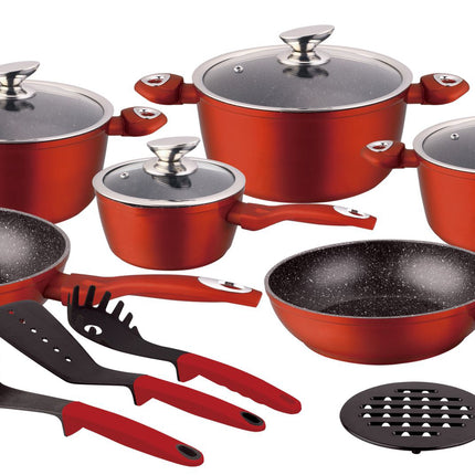 Pannenset - Kookpan - Inductie - 15 delig marmeren coating - rood