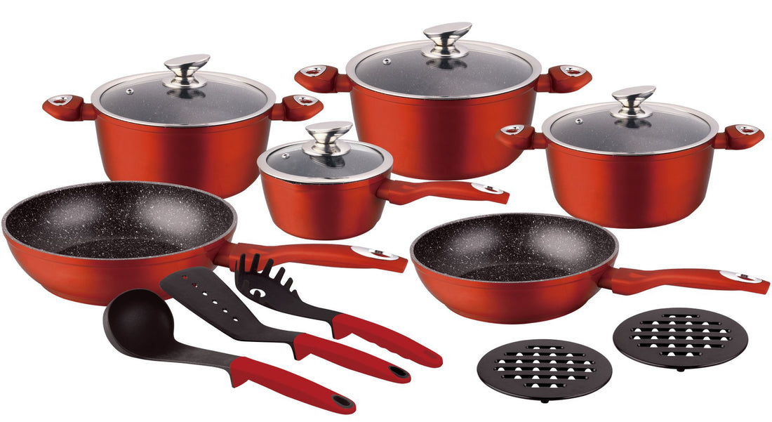 Batterie de cuisine - Casserole - Induction - 15 pièces revêtement marbre - rouge
