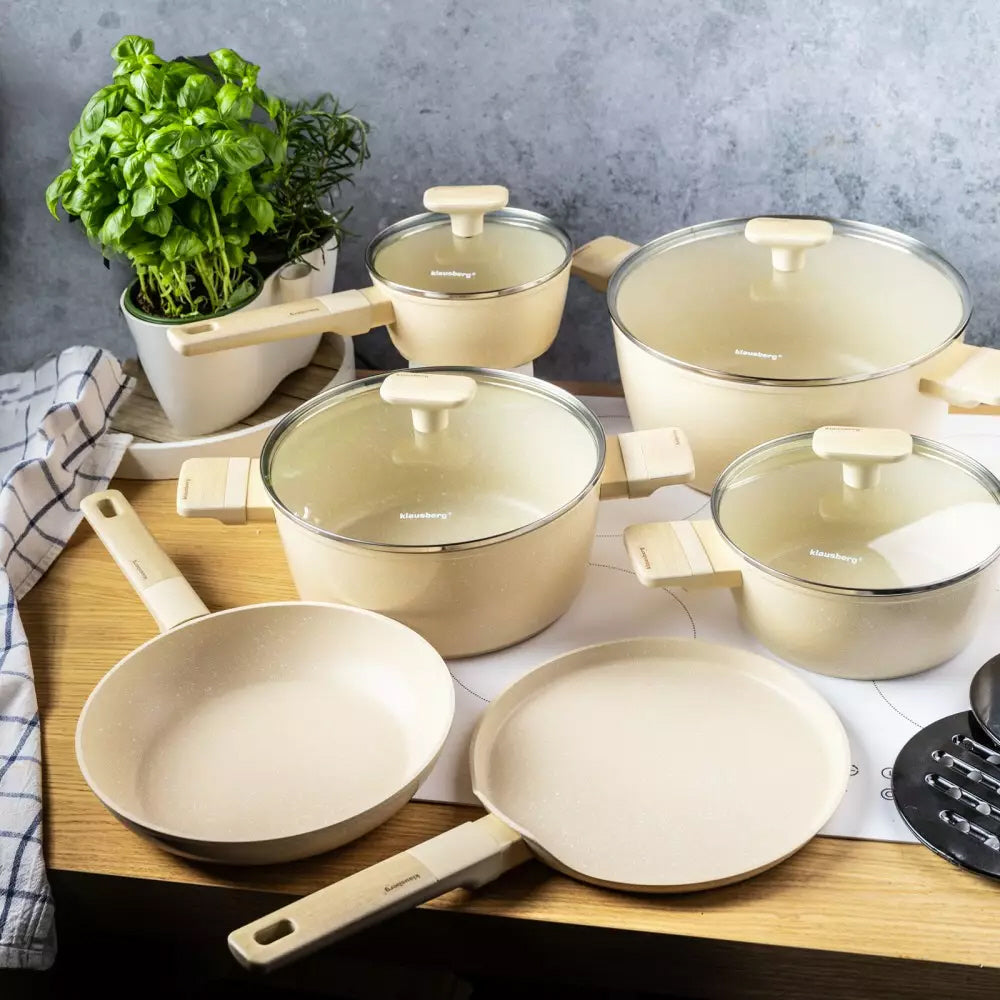 Klausberg pannenset 12-delig, marmeren coating – beige, geschikt voor inductie – foto 3