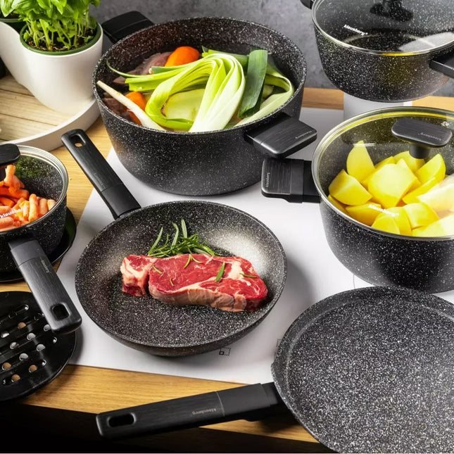 KLAUSBERG 12-delige Marmeren Pannenset - Zwart - Met Glazen Deksels - Geschikt voor Inductie en Alle Warmtebronnen