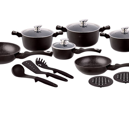 Pannenset - Kookpan - Inductie - 15 delig marmeren coating - Zwart