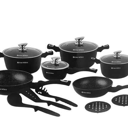 Pannenset - Kookpan - Inductie - 15 delig marmeren coating - Zwart