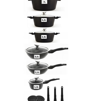 Pannenset - Kookpan - Inductie - 15 delig marmeren coating - Zwart