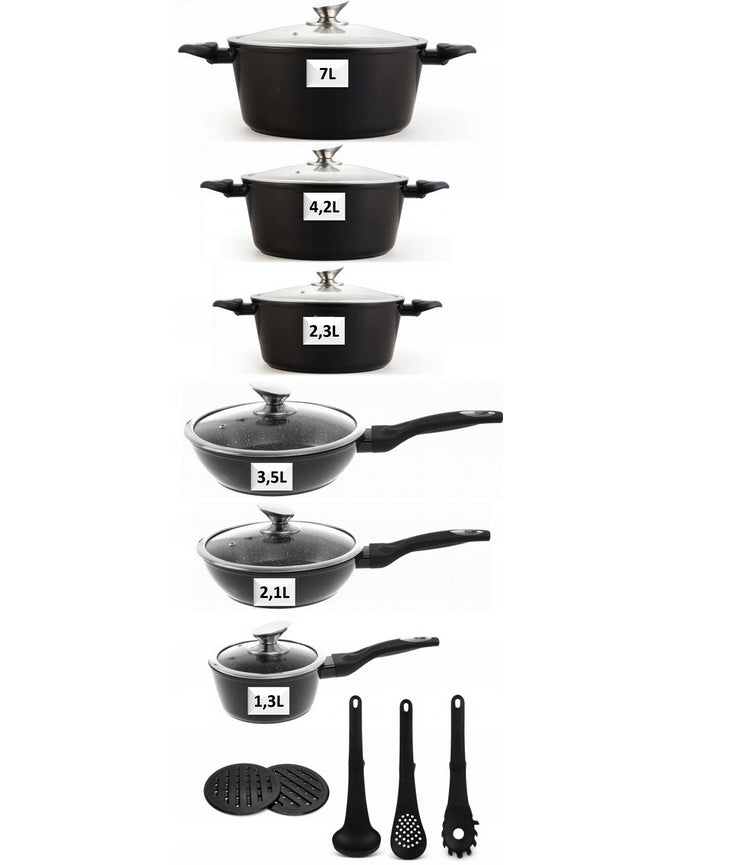 Batterie de cuisine - Casserole - Induction - 15 pièces revêtement marbre - Noir