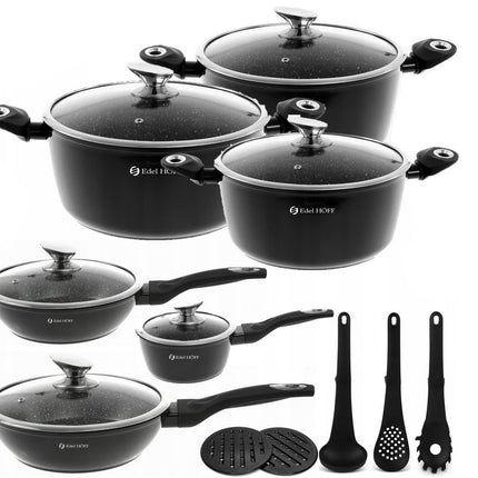 Pannenset - Kookpan - Inductie - 15 delig marmeren coating - Zwart