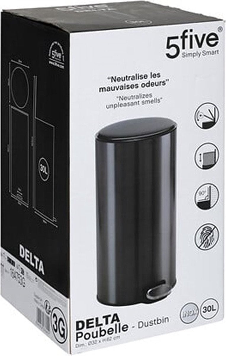 5Five Abfalleimer / Treteimer Delta - Titan - Metall - 30 Liter - 39 x 33 x 62 cm - Küchenabfalleimer
