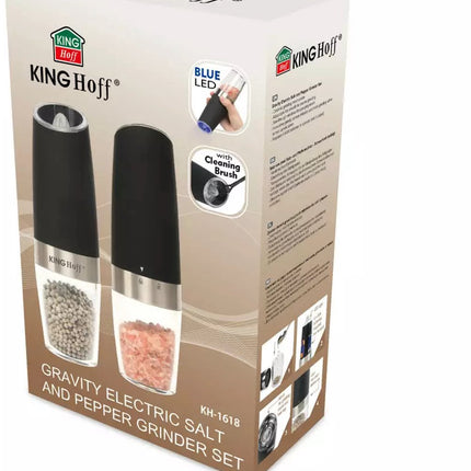 Kinghoff Set van 2 Zwaartekracht Peper- en Zoutmolens - Elektrisch, Keramisch Maalmechanisme, LED Verlichting - Matte Zwart (50 ml)