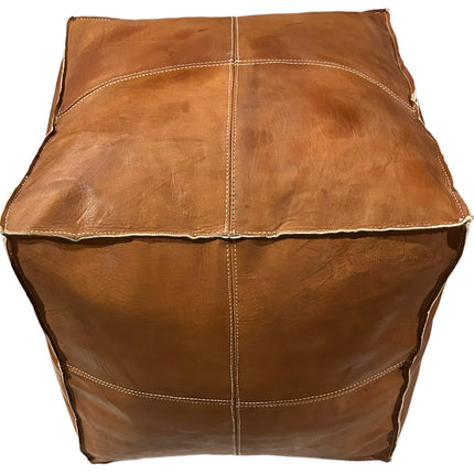 Vierkante leren poef cognac bruin 50x45x45 cm