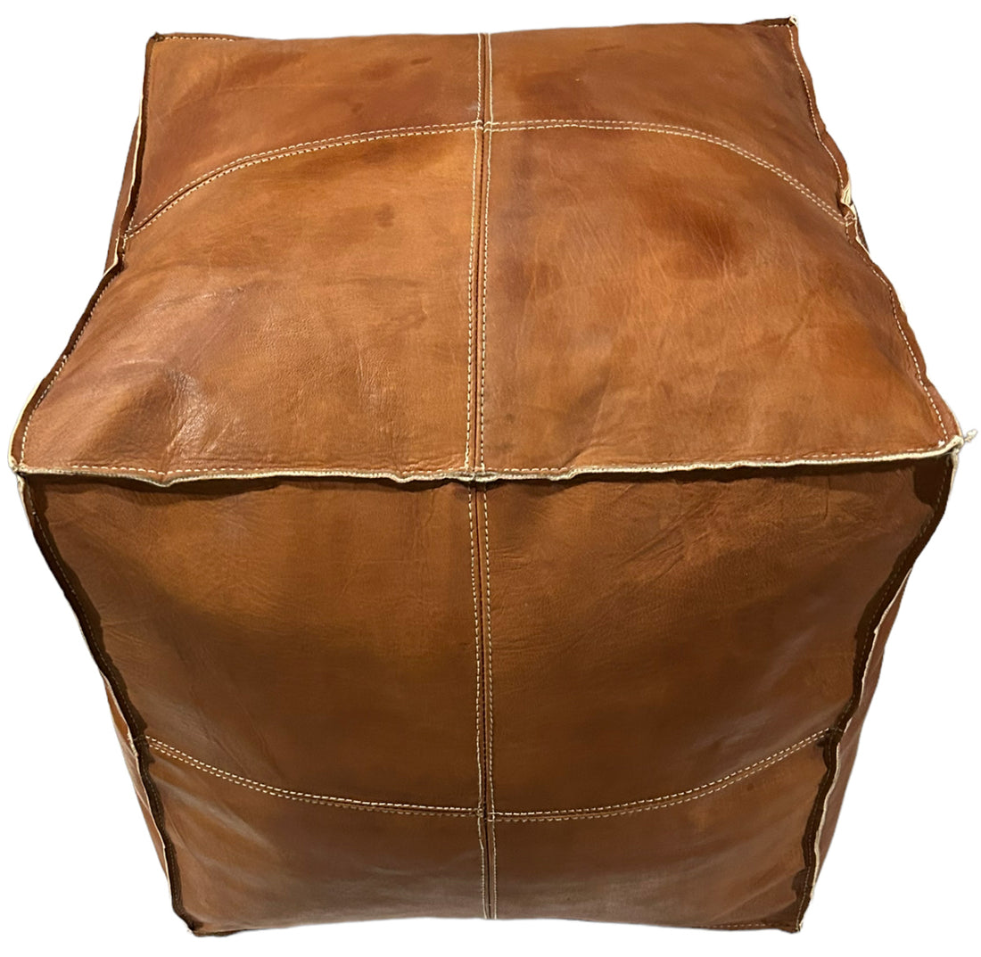 Square leather pouf cognac brown 50x45x45 cm