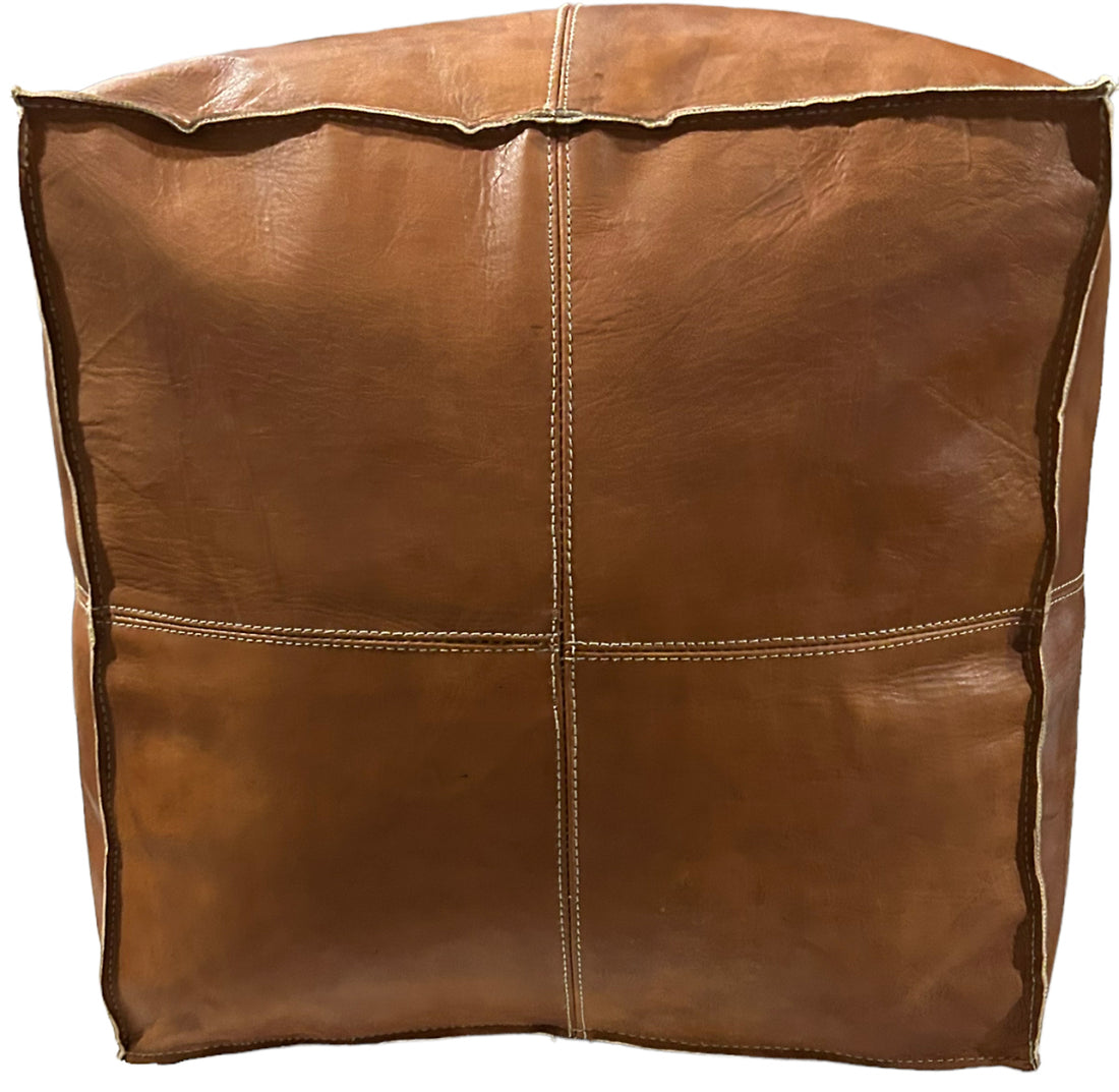 Square leather pouf cognac brown 50x45x45 cm