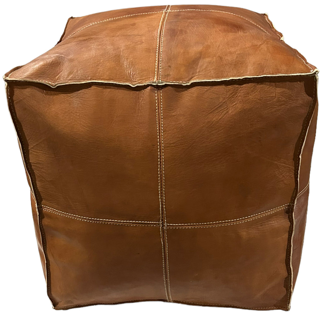 Square leather pouf cognac brown 50x45x45 cm
