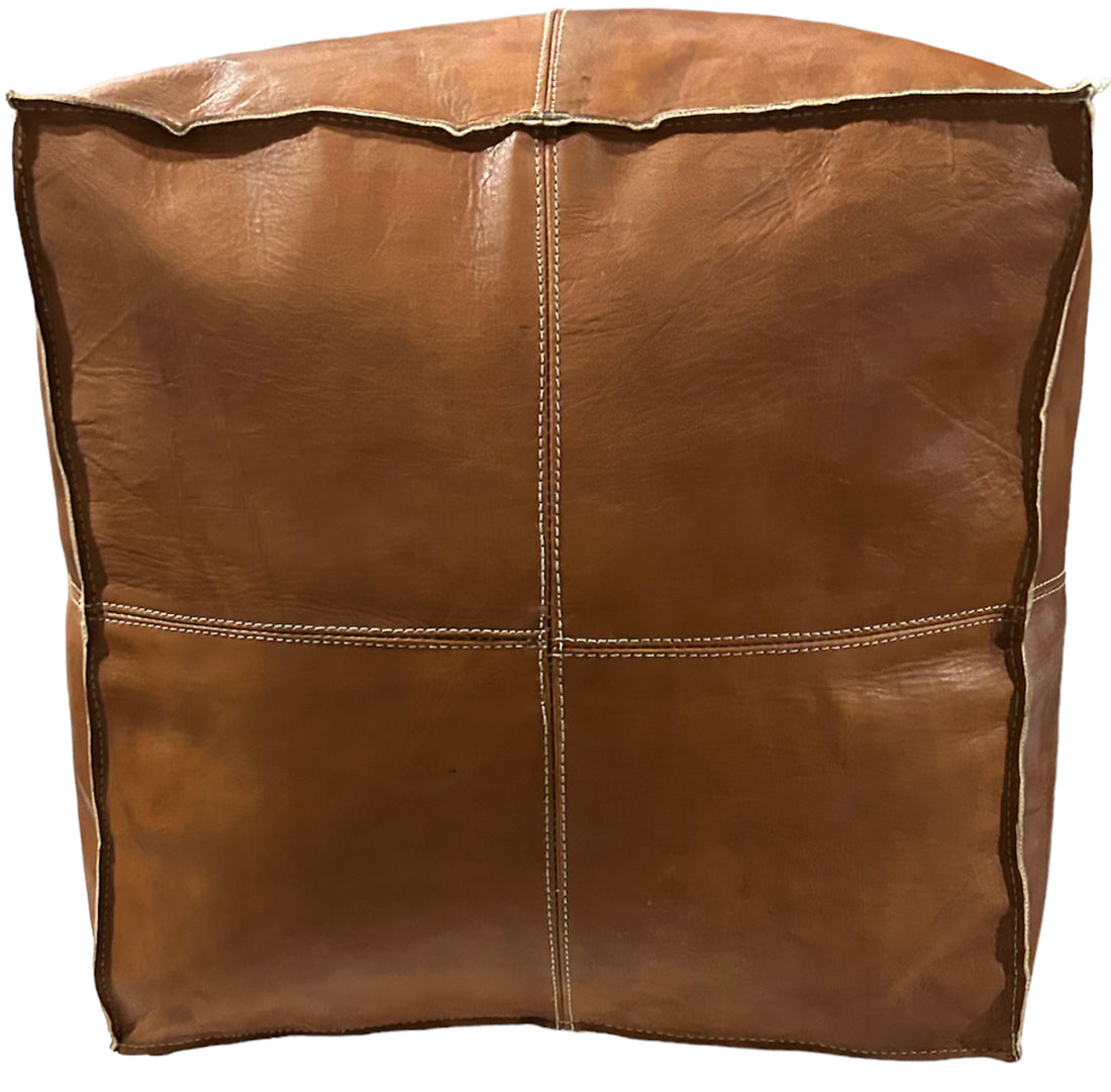 Square leather pouf cognac brown 50x45x45 cm