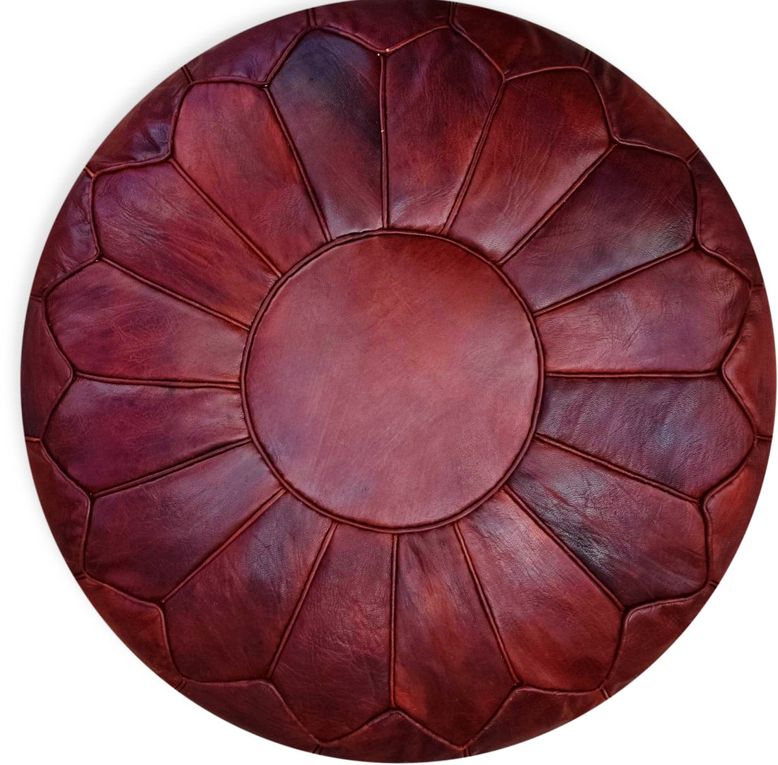 Pouf marocain en cuir (XL) - Rouge bordeaux - Ø60 x 35cm