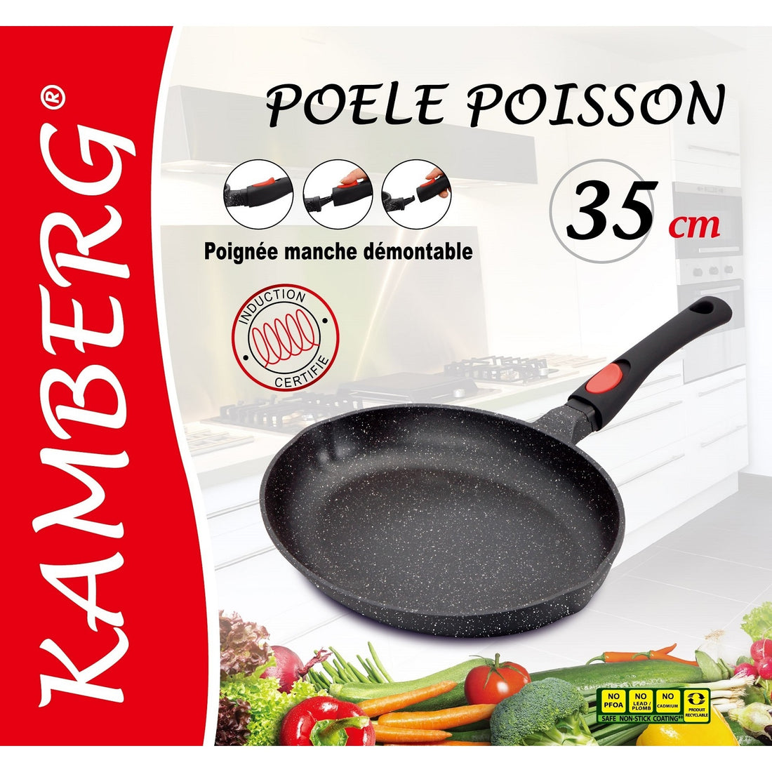 Oval induction fish pan - Detachable handle, cast aluminium