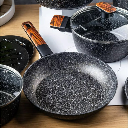 12-delige Granieten Pannenset met Marmeren Coating – Geschikt voor Inductie en Alle Warmtebronnen – Krasbestendig en Gezond Koken