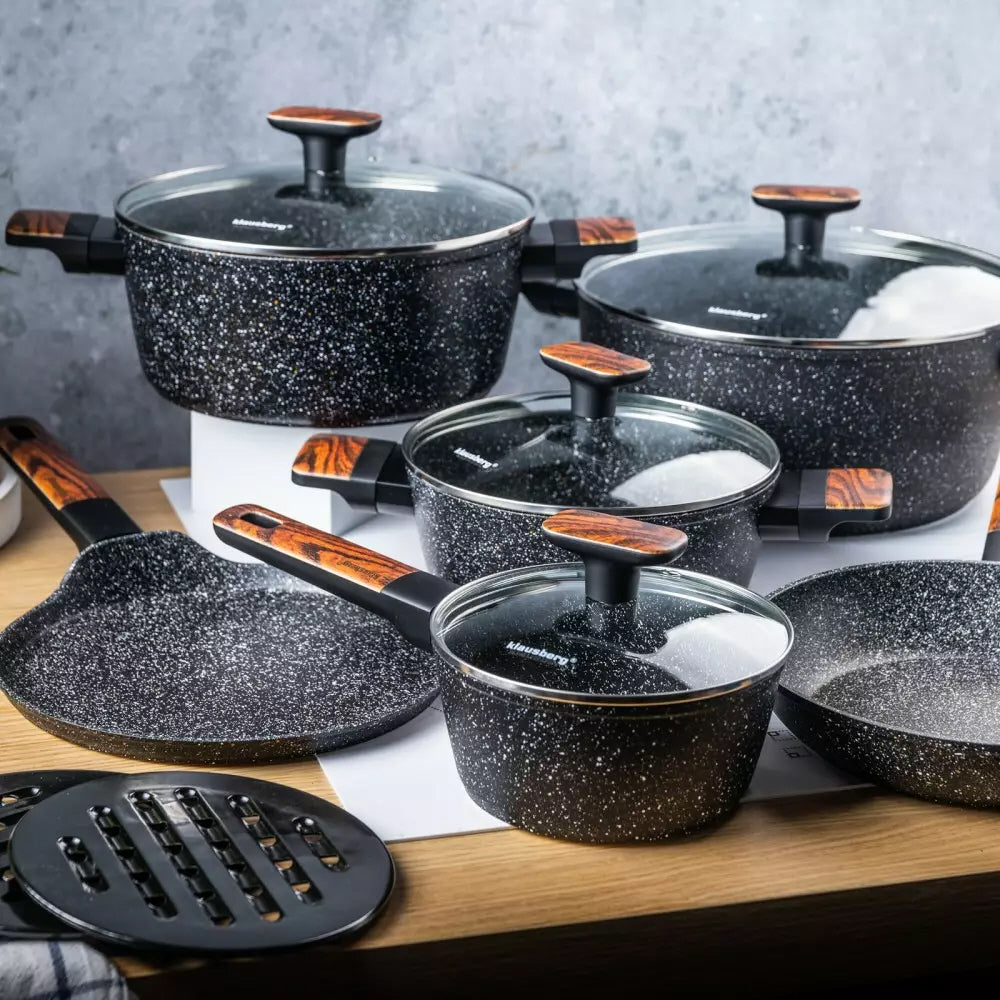 12-Piece Granite Cookware Set with Marble Coating – Suitable for Induction and All Heat Sources – Scratch-Resistant and Healthy Cooking
