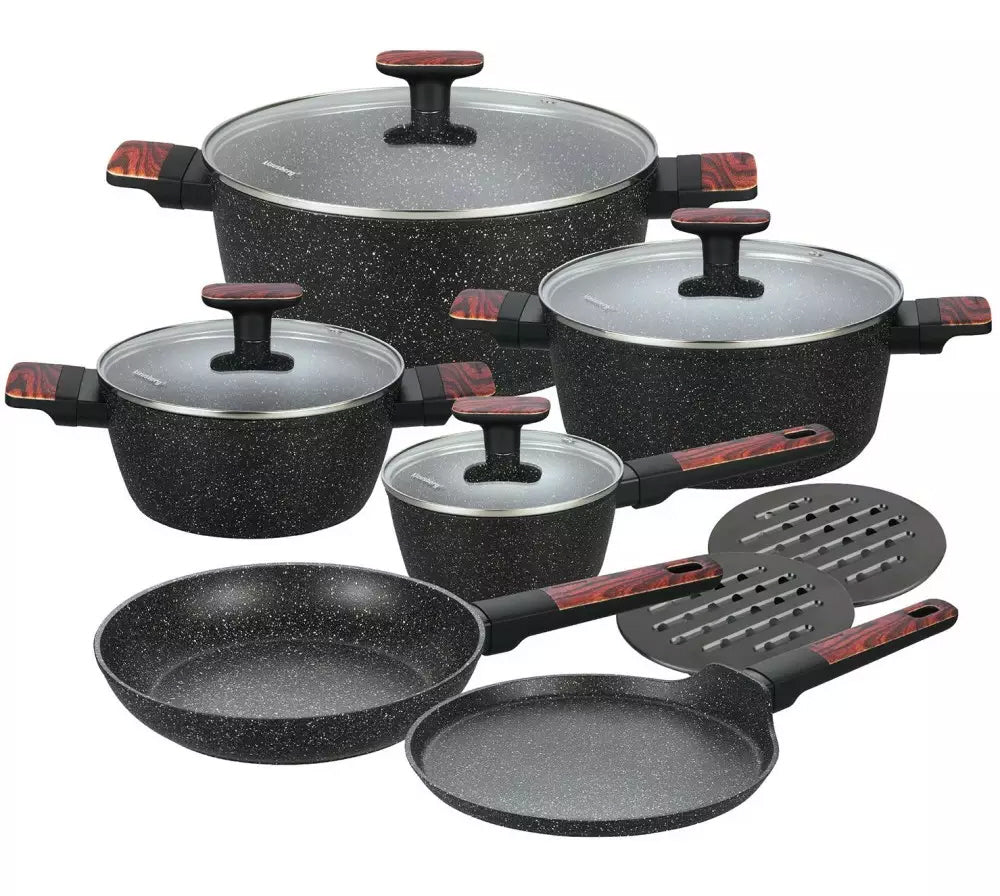 12-Piece Granite Cookware Set with Marble Coating – Suitable for Induction and All Heat Sources – Scratch-Resistant and Healthy Cooking
