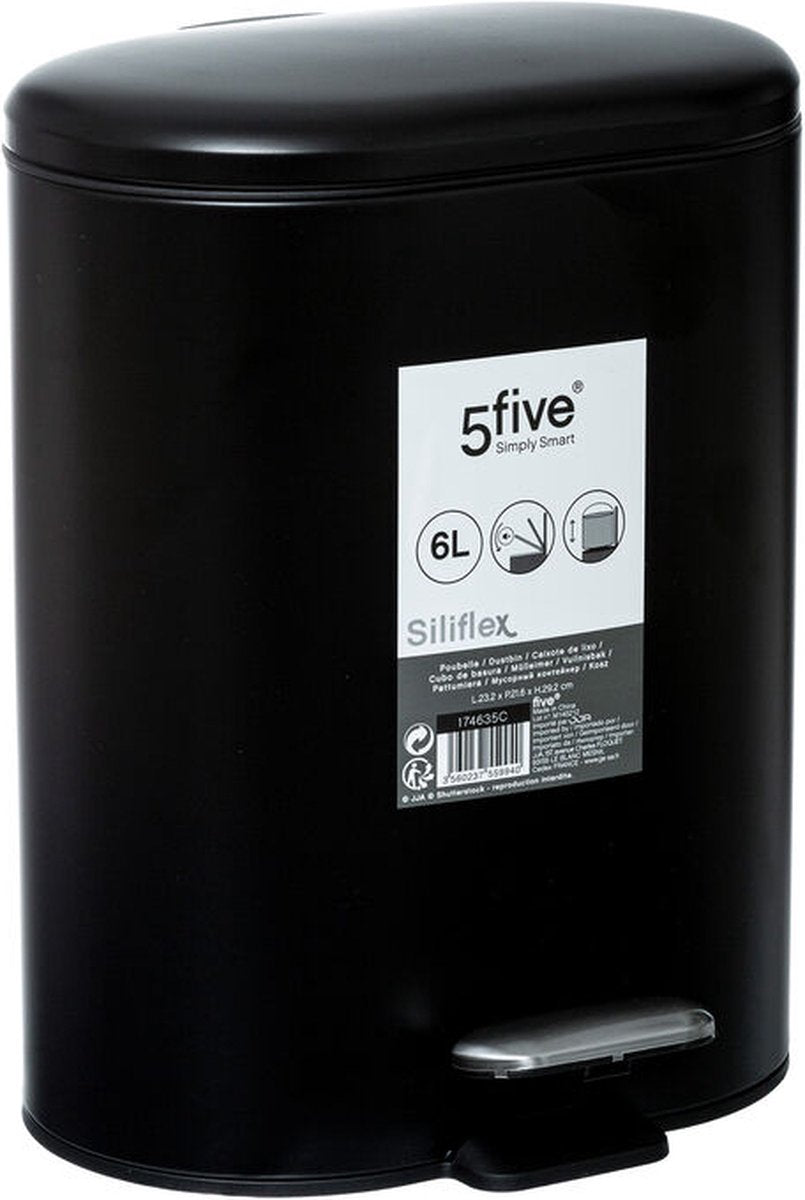 Trash can/pedal bin black stainless steel metal 6 liters - 15x24x30 cm