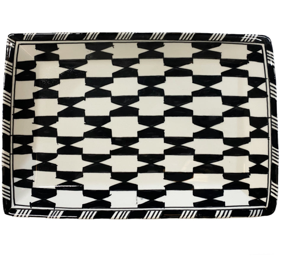 Assiette plate rectangulaire en faïence noir et blanc 32X21 CM