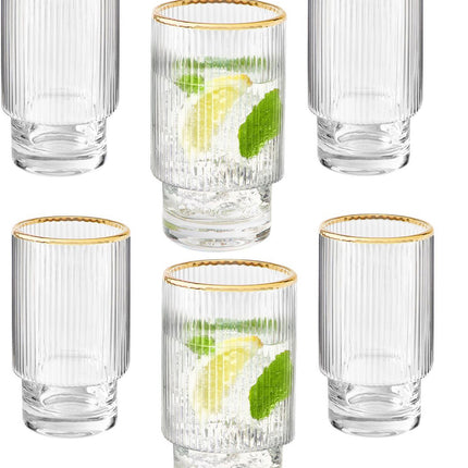 Ripple longdrinkglazen - Goude rand - 6 Delig Set -295 ml - Stapelbaar