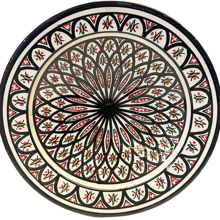Marokkaanse Aardewerk Schaal Ø35 cm – Handgemaakt & Handbeschilderd Zwart/Rood
